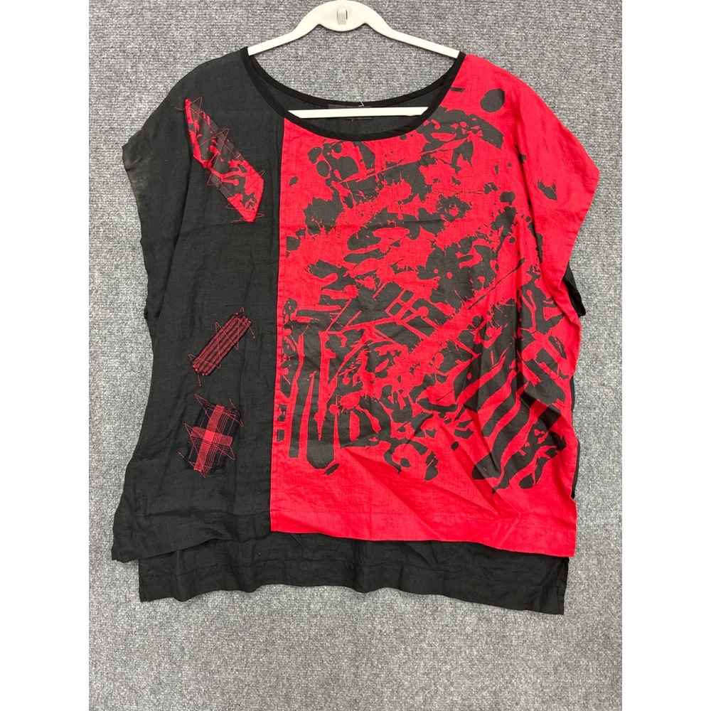 Mara Gibbucci Red Black Abstract Print Pure Linen Top XXL NWT